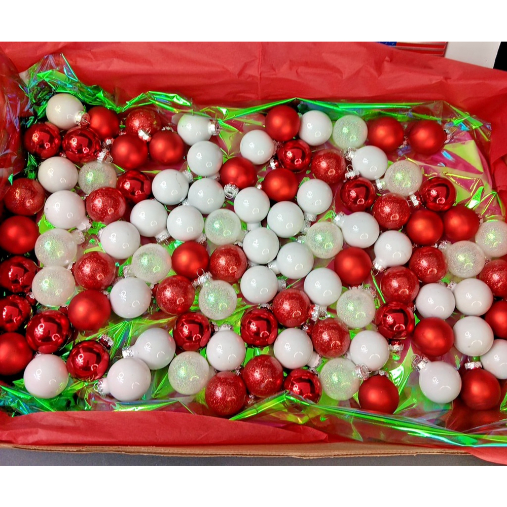 96 Glass Round Christmas Tree Ornaments Red, White, Shiny, Appox 1.49" x 1.2"